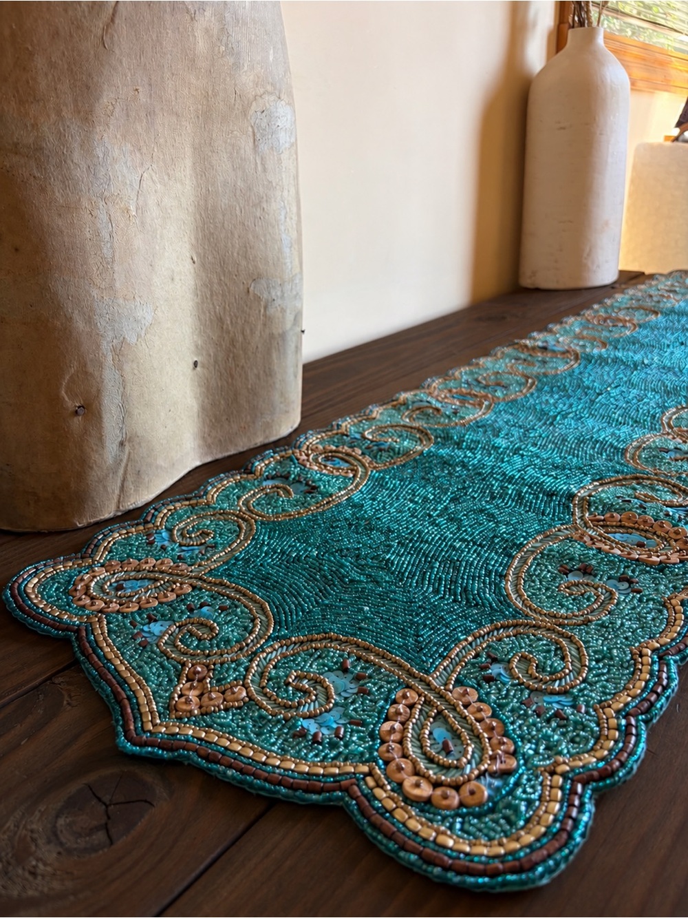 Vtg Pier 1 Blue Teal Beaded Long Table Runner Boho Whimsygoth